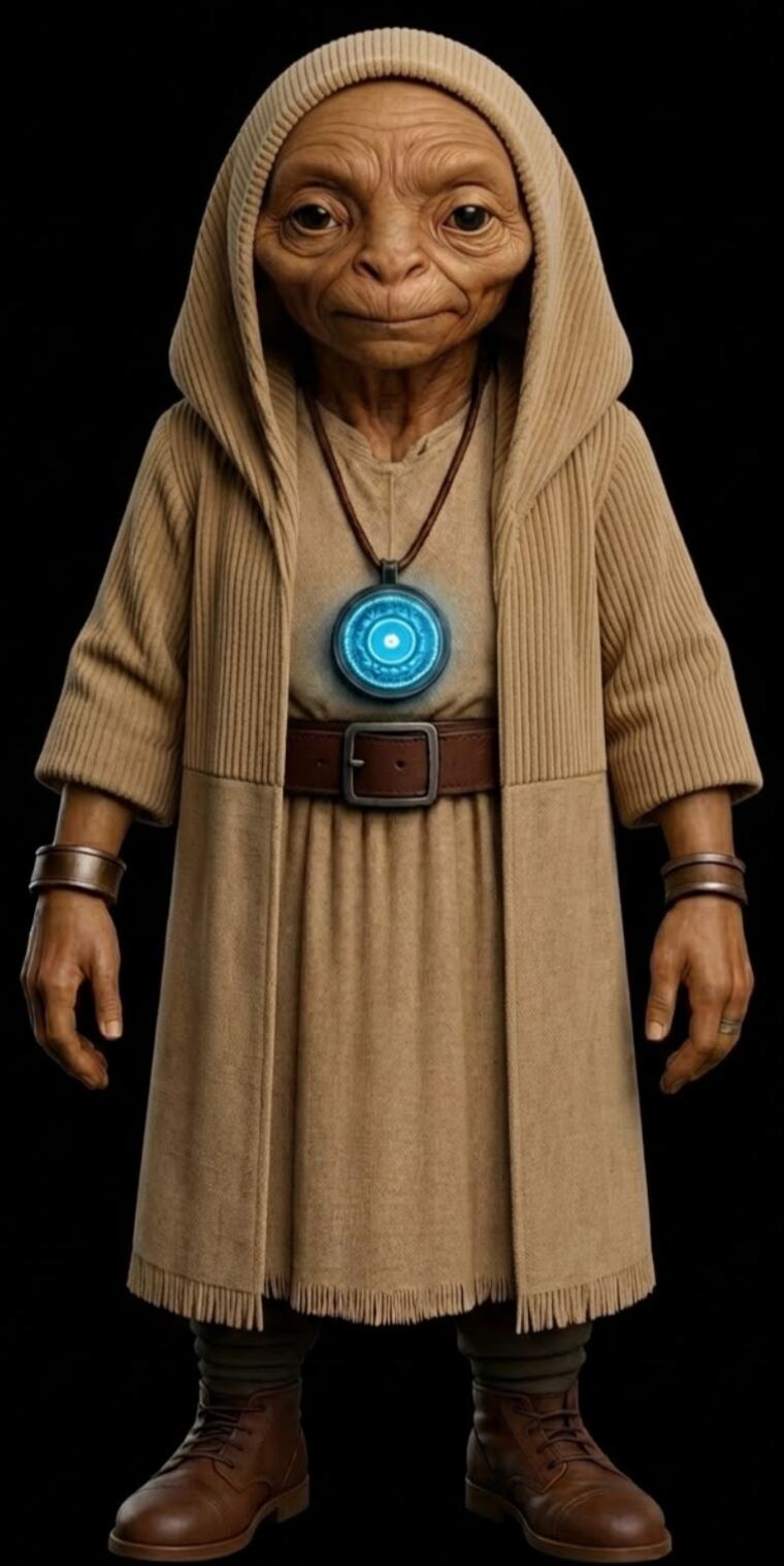 Chón del Futuro, personaje de túnica beige con capucha y un medallón azul brillante en el pecho.